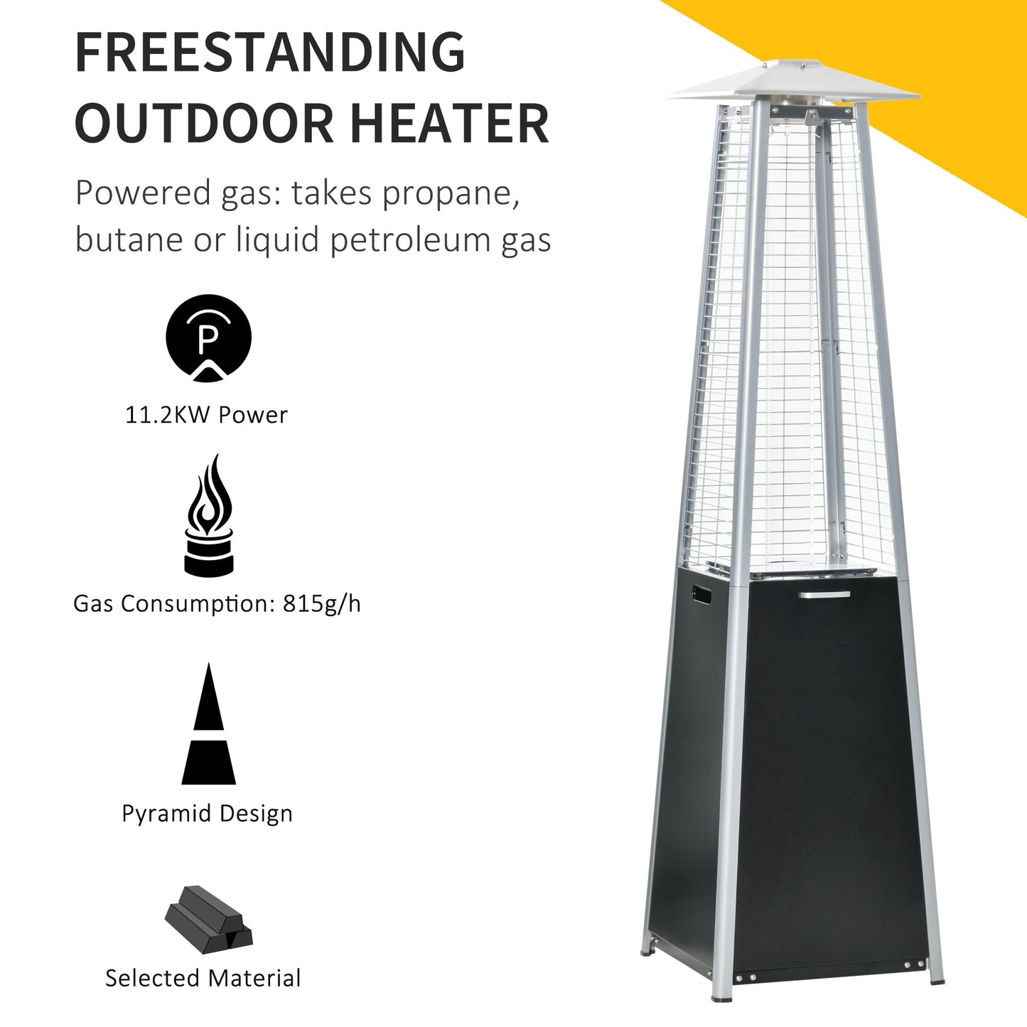 11.2KW Outdoor Patio Gas Heater Freestanding Pyramid Propane Heater Garden Tower Heater with Wheels, Dust Cover, Black, 50 x 50 x 190cm