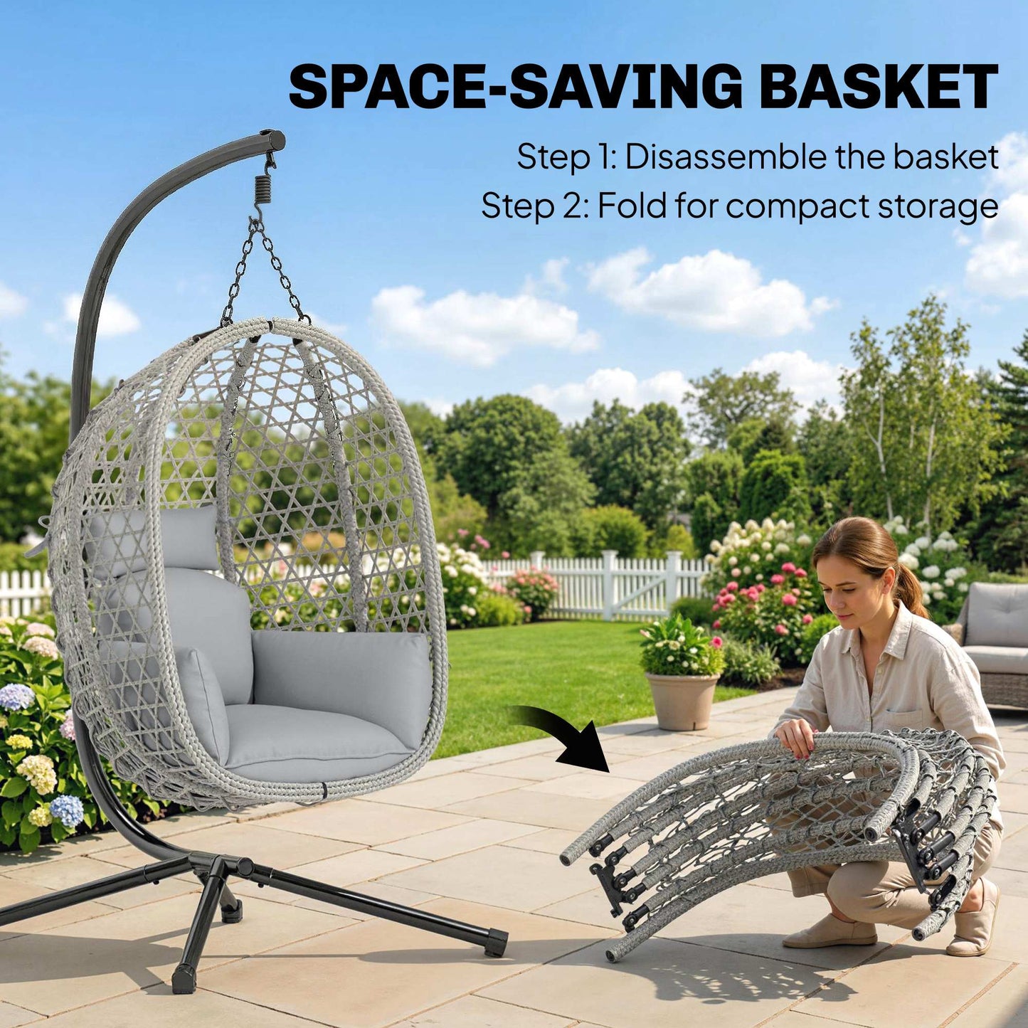 Outsunny Hanging Egg Chair, Indoor Outdoor Rattan Hammock Swing Chair with Stand, Safety Strap, Foldable Basket, Light Grey