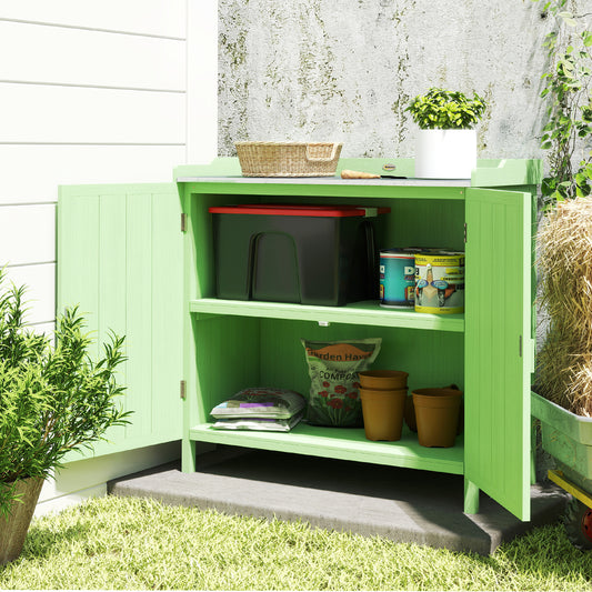 Outsunny Wood Garden Storage Cabinet, Outdoor Tool Shed, Potting Bench Table with galvanised Top and Two Shelves for garden Tools or Pool Accessories, Green