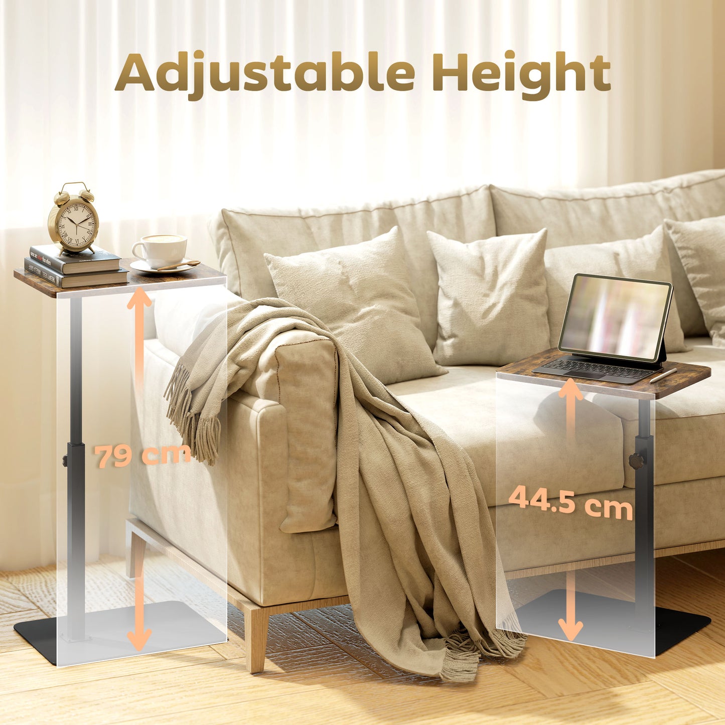 HOMCOM C Shaped Side Table, Small End Table with Adjustable Height and Metal Base for Living Room, Bedroom, Rustic Brown