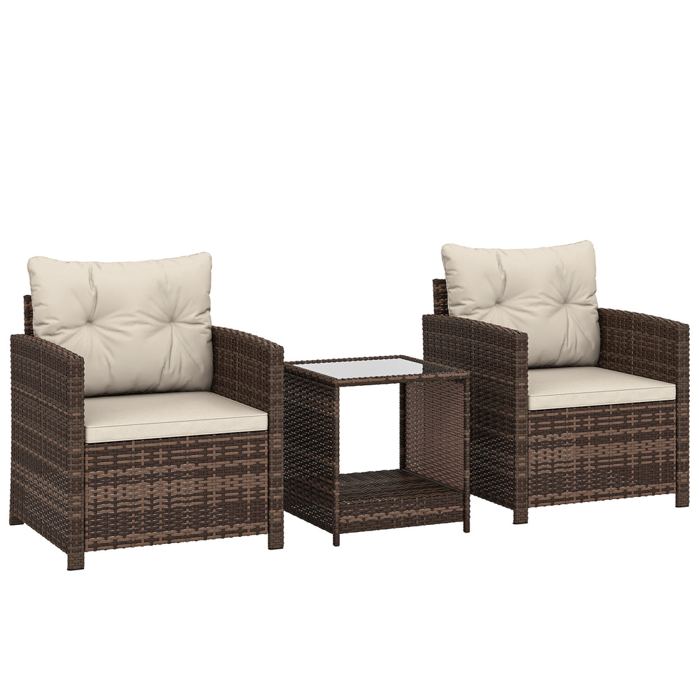 Outsunny Rattan Bistro Set, 3 Piece Garden Furniture Set with 2 Tier Glass Top Table and Cushions, Mixed Brown