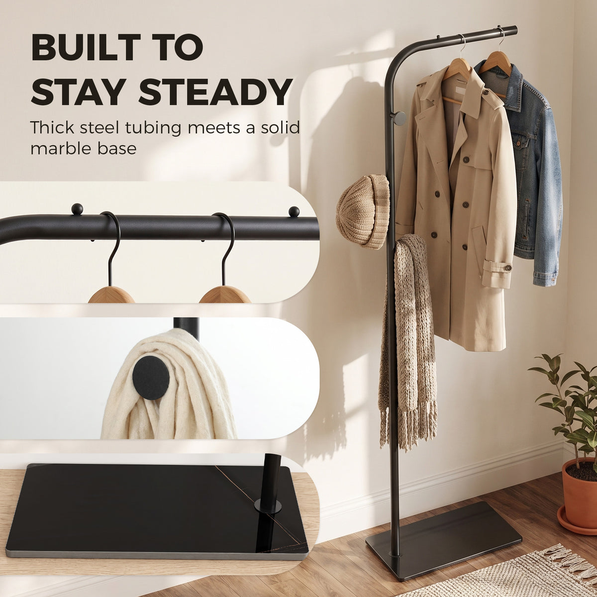 HOMCOM Clothing Rack with 3 Side Hooks, Garment Rack with Marble Base, 45 x 25 x 169 cm, for Bedroom, Bathroom, Black