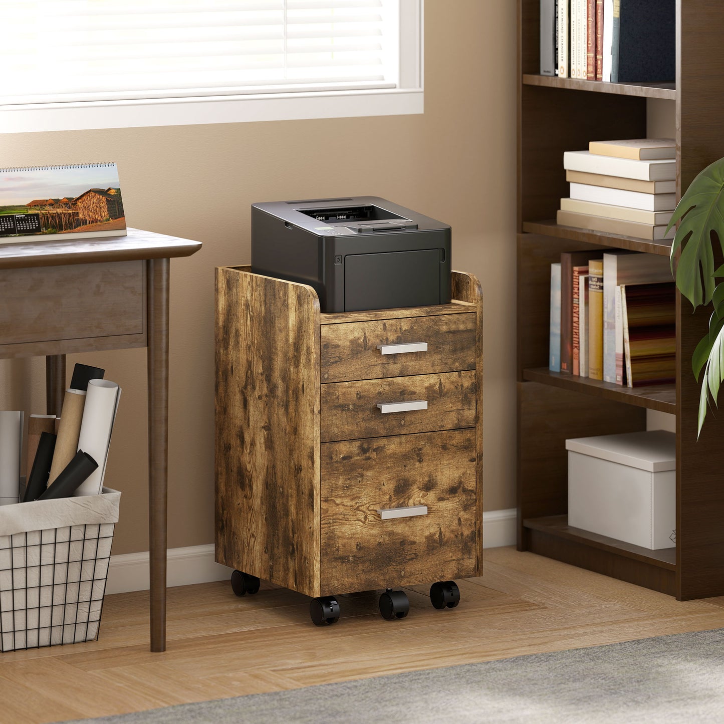HOMCOM 3 Drawer Filing Cabinet, Rolling File Cabinet with Edged Top for Letter, A4 Size, Hanging File Folders, Rustic Brown