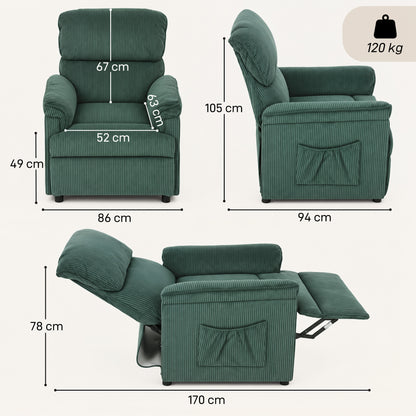HOMCOM Corduroy Electric Recliner Armchair with Massage and Heat - Green