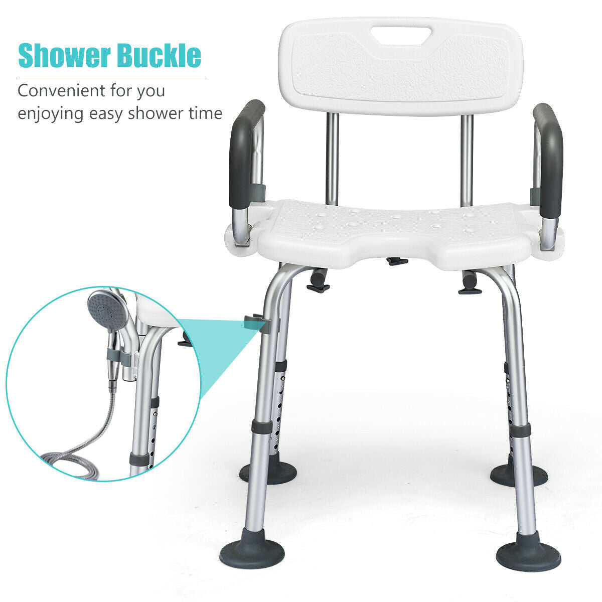 Shower Stool with Removable Arm and Back Rests-White