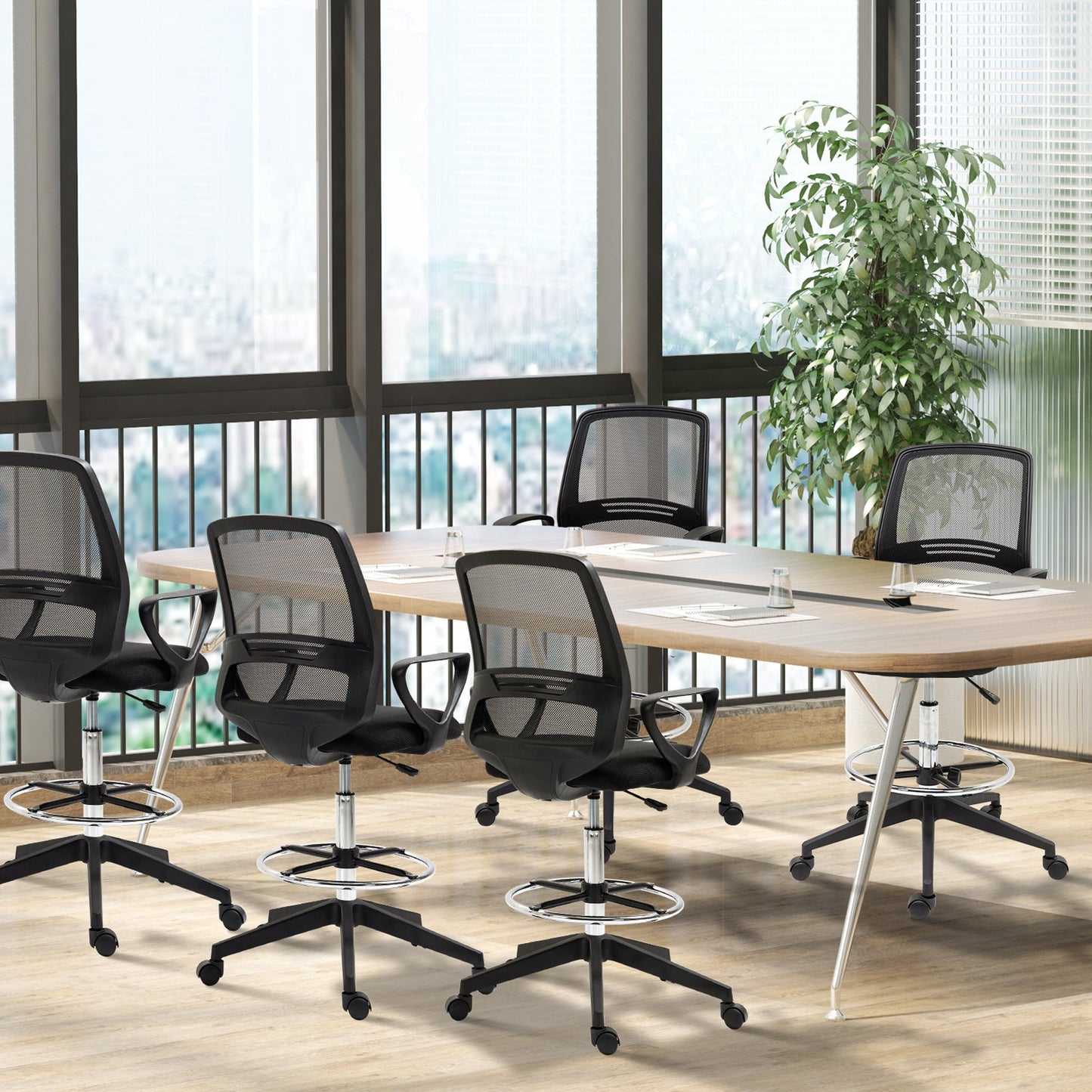 Vinsetto Ergonomic Mesh Back Draughtsman Chairs Tall Office Chair with Adjustable Height and Footrest 360° Swivel, Set of 5