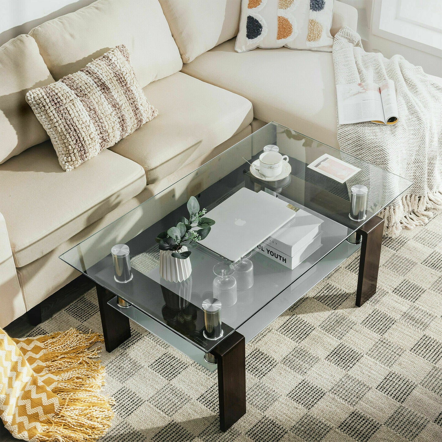Modern Glass Coffee Tea Table with Open Shelf-Coffee