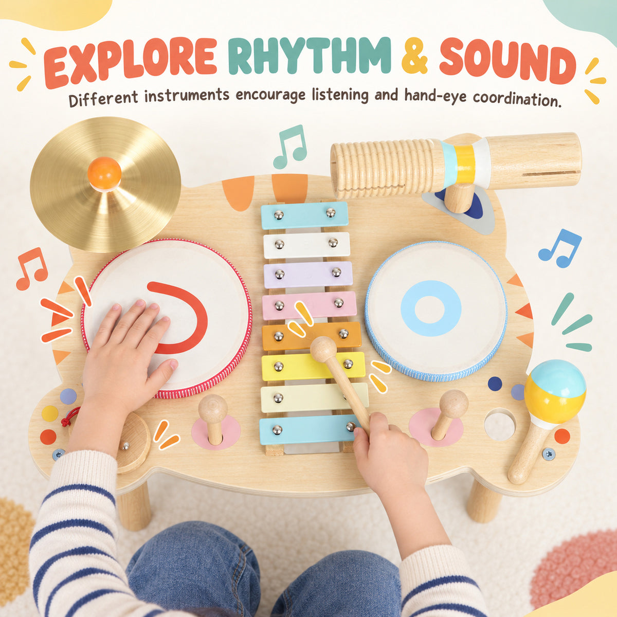 AIYAPLAY Kids Drum Kit, Wooden Musical Instruments with Xylophone, 2 Drums, Cymbal, Shaker, Wood Block, Gift for 18 M-6 Years