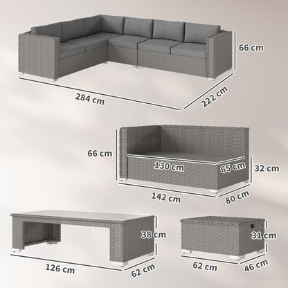 Outsunny 6 Pieces Outdoor PE Rattan Wicker Corner Sofa Set with 10cm Thick Padded Cushions, Aluminium Conservatory Furniture with Glass Top Coffee Table, Footstools, Grey