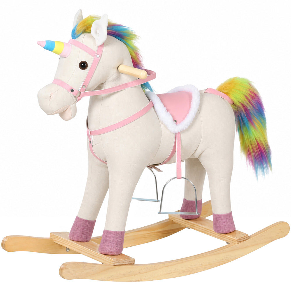AIYAPLAY Rocking Horse, Unicorn Ride on Horse with Sounds and Stable Wooden Base for 1-3 Years, Cream White