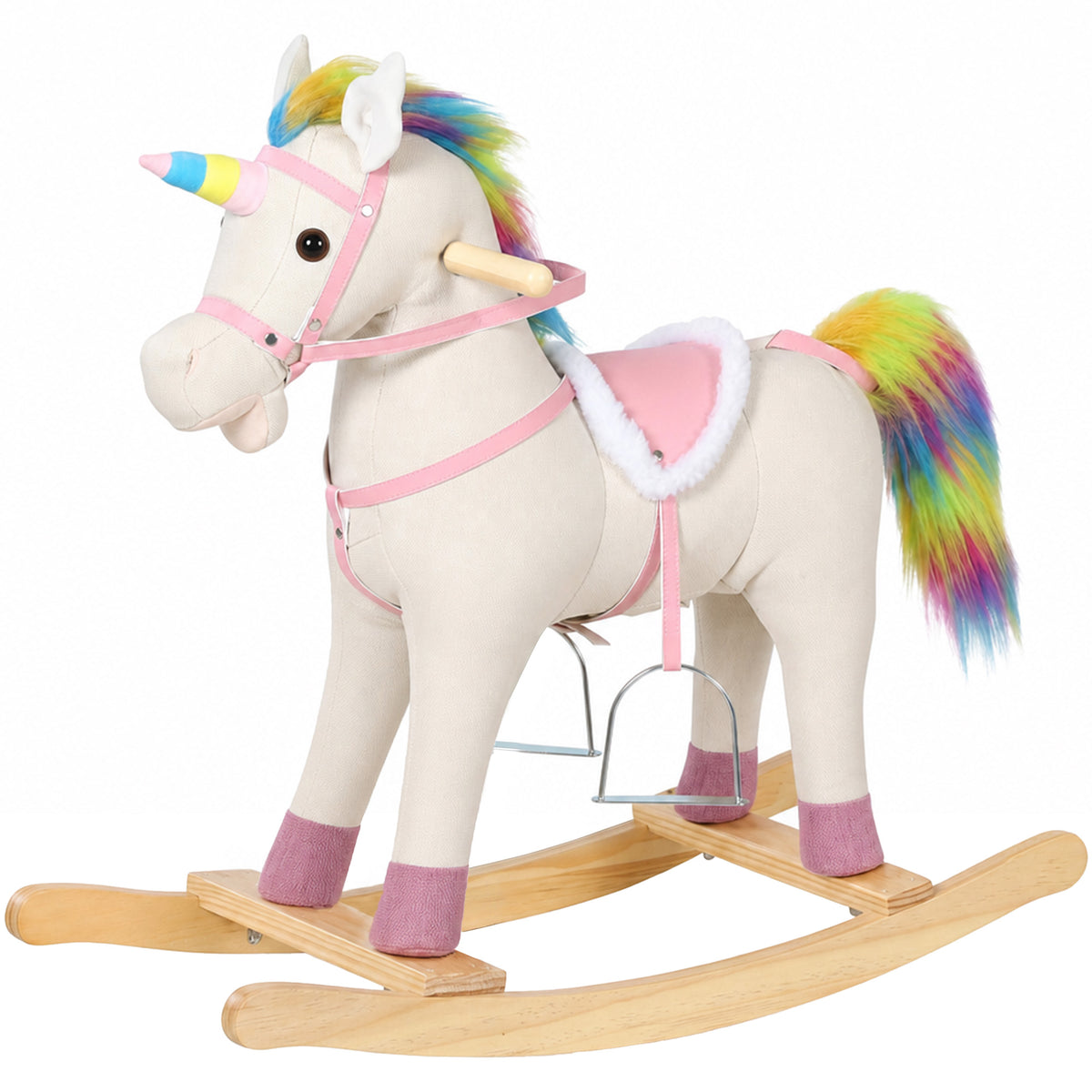AIYAPLAY Rocking Horse, Unicorn Ride on Horse with Sounds and Stable Wooden Base for 1-3 Years, Cream White
