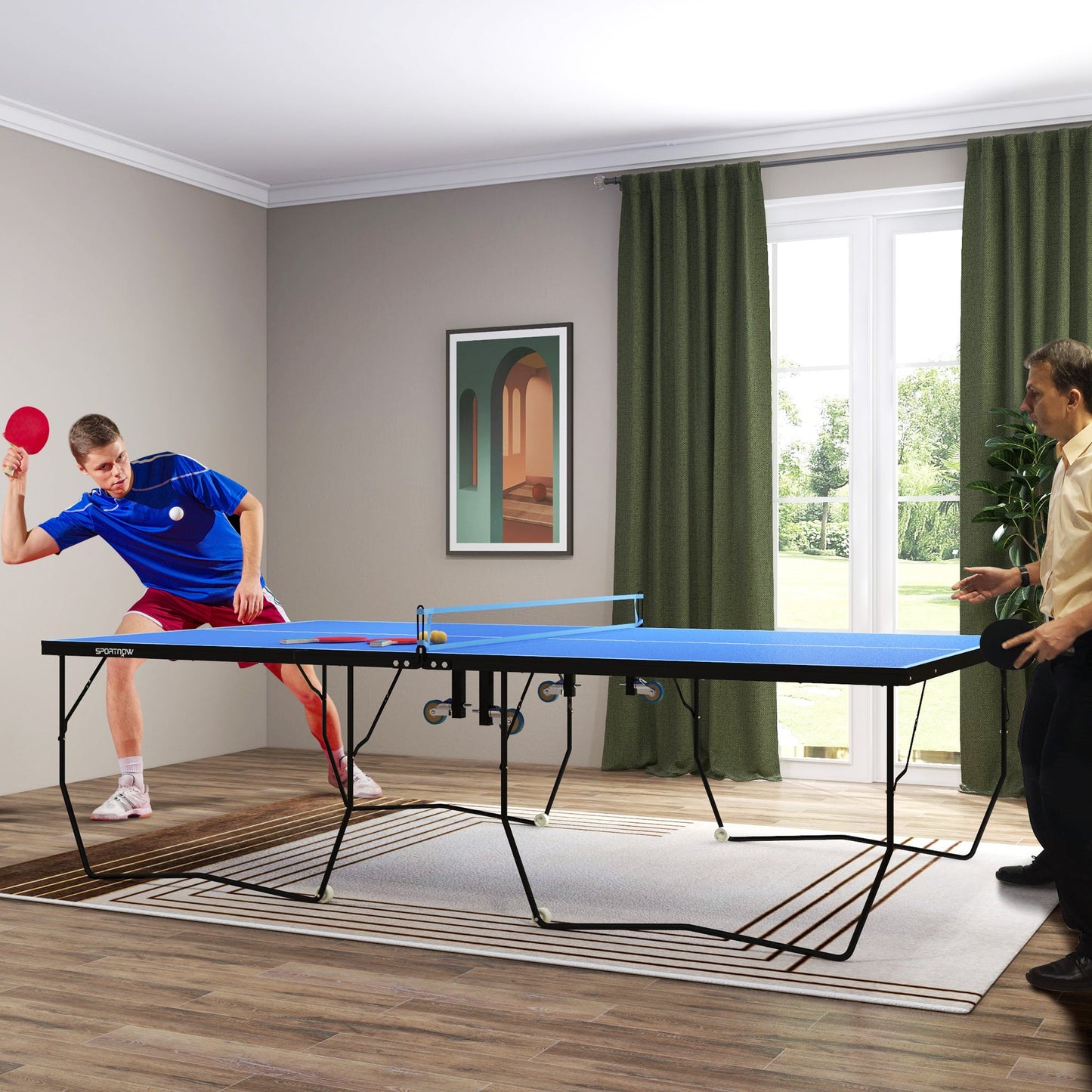 SPORTNOW 9FT Folding Tennis Table, with 8 Wheels, for Indoor Use, Blue