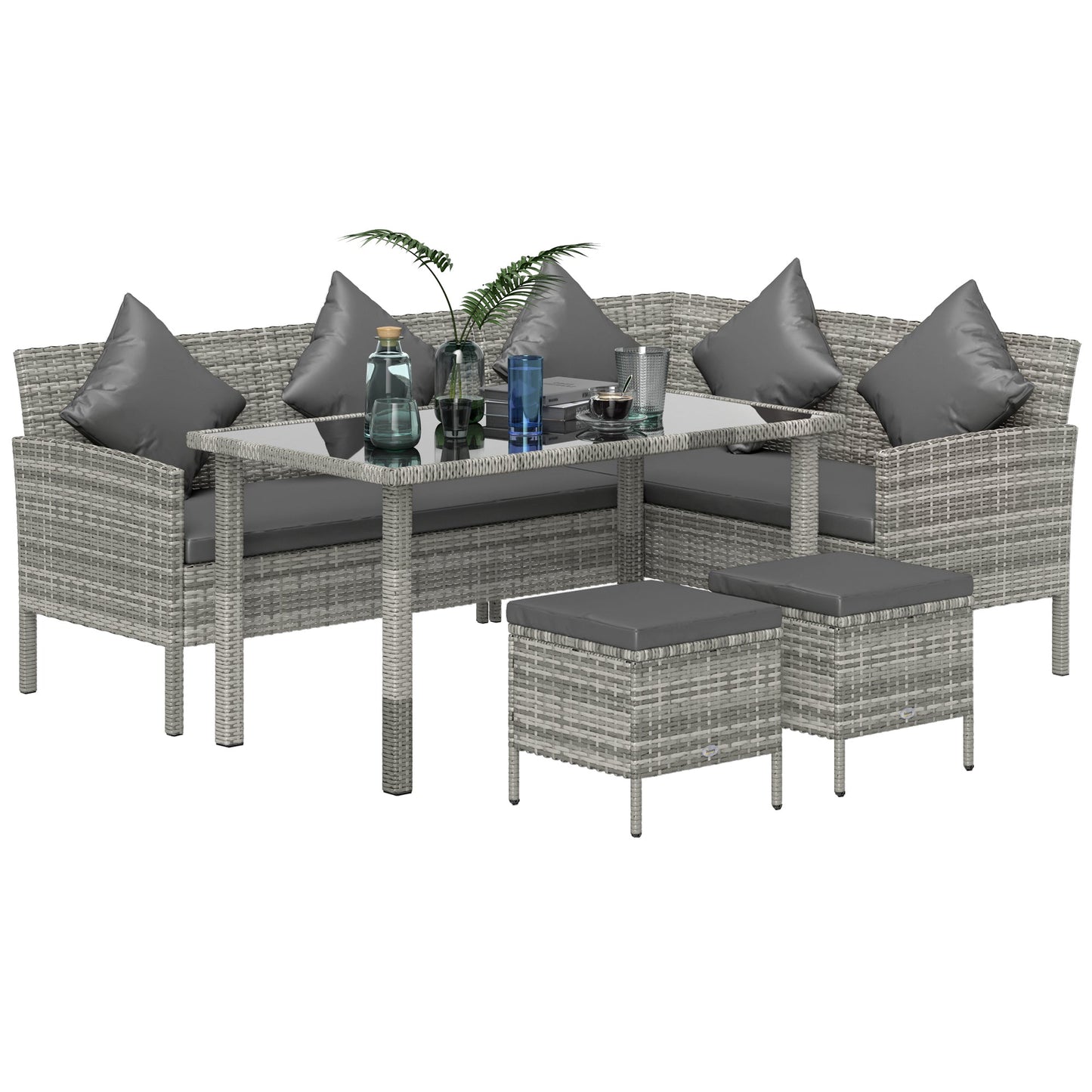 Outsunny tsunny 6-Seater Rattan Dining Set Sofa Table Footstool Outdoor w/ Cushion Garden Furniture, Dark Grey