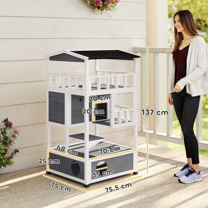 PawHut Wooden Outdoor Cat House, 3-Tier Cat Shelter with Tilted Roof, Terrace, Jump Step, Bottom Tray and Elevated Base, Waterproof Paint, Grey