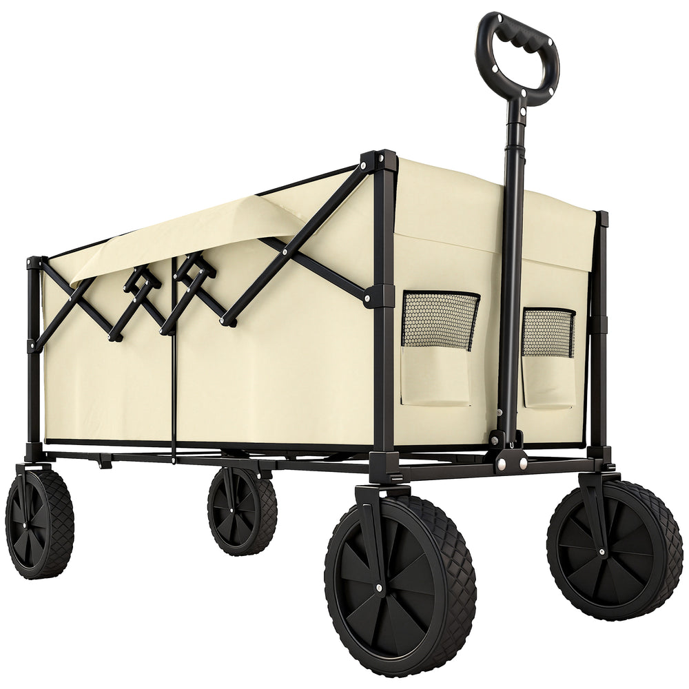 Outsunny 95L Foldable Festival Trolley on Wheels, Collapsible Wagon Cart with Adjustable Handle and 2 Cup Holders, Khaki
