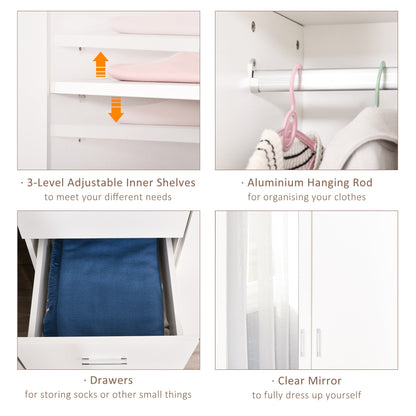 HOMCOM 2 Door 3 Drawer Mirrored Wardrobe with Hanging Rail, Modern Clothes Storage Cupboard with Mirror, Drawers and Adjustable Shelves for Bedroom, 80 x 50 x 180 cm, White
