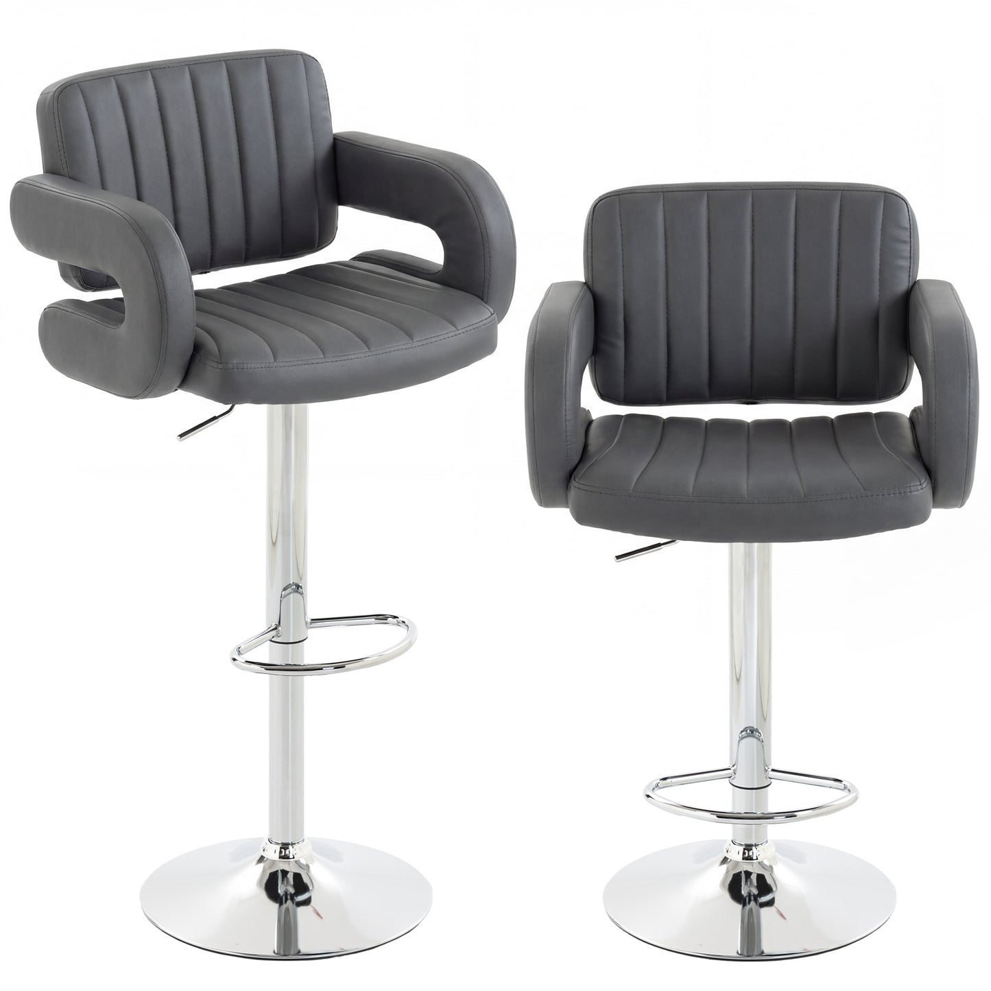 HOMCOM Bar Stools Adjustable Swivel Kitchen Chairs with Backrest Armrest Set of 2 PU Leather Grey