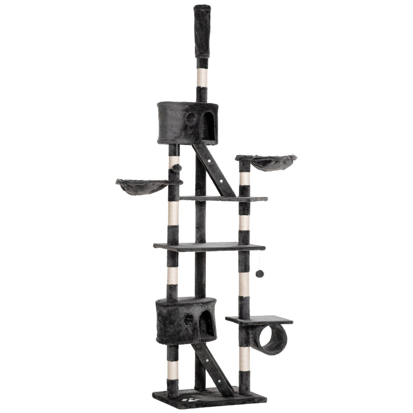 PawHut Floor-to-Ceiling Cat Tree for Indoor Cats, 240-260cm Adjustable Cat Tree - Dark Grey