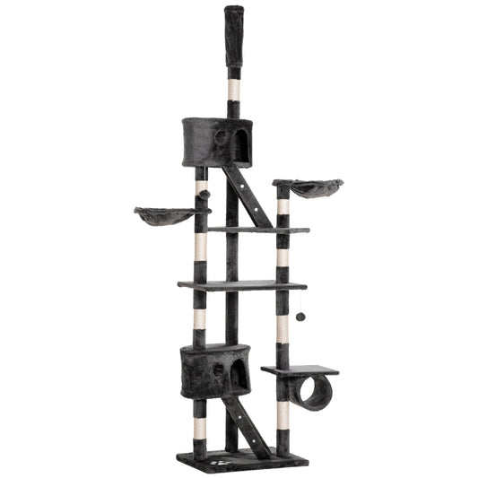 PawHut Floor-to-Ceiling Cat Tree for Indoor Cats, 240-260cm Adjustable Cat Tree - Dark Grey