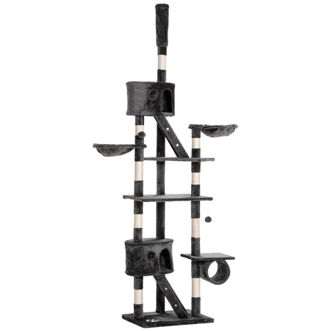 PawHut Floor-to-Ceiling Cat Tree for Indoor Cats, 240-260cm Adjustable Cat Tree - Dark Grey