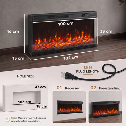 HOMCOM 40" Electric Fireplace Insert, 3-Sided Freestanding/Wall Recessed Electric Fire Heater with Adjustable Flame, 1800W
