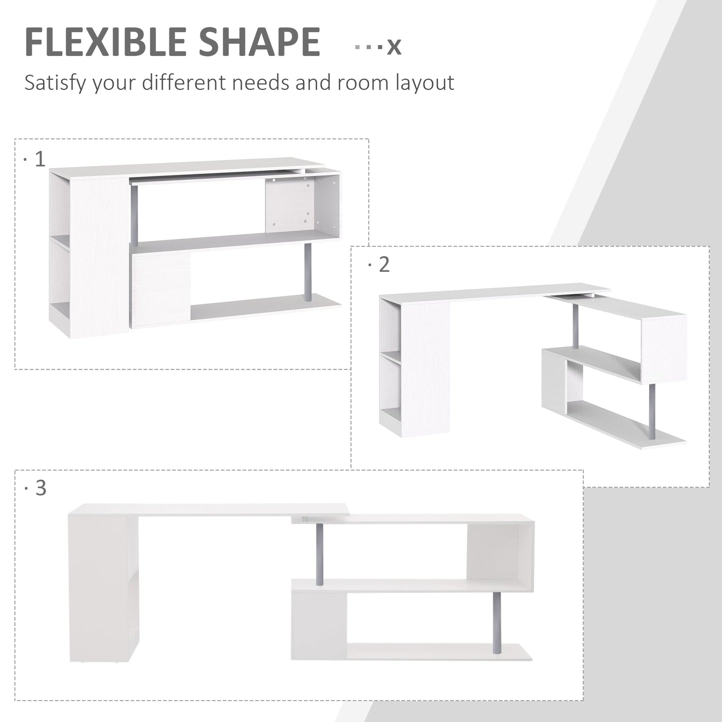 HOMCOM 360 Degree Rotating Corner Desk Storage Shelf Combo Laptop Workstation Wood L Shaped Table Home Office - White