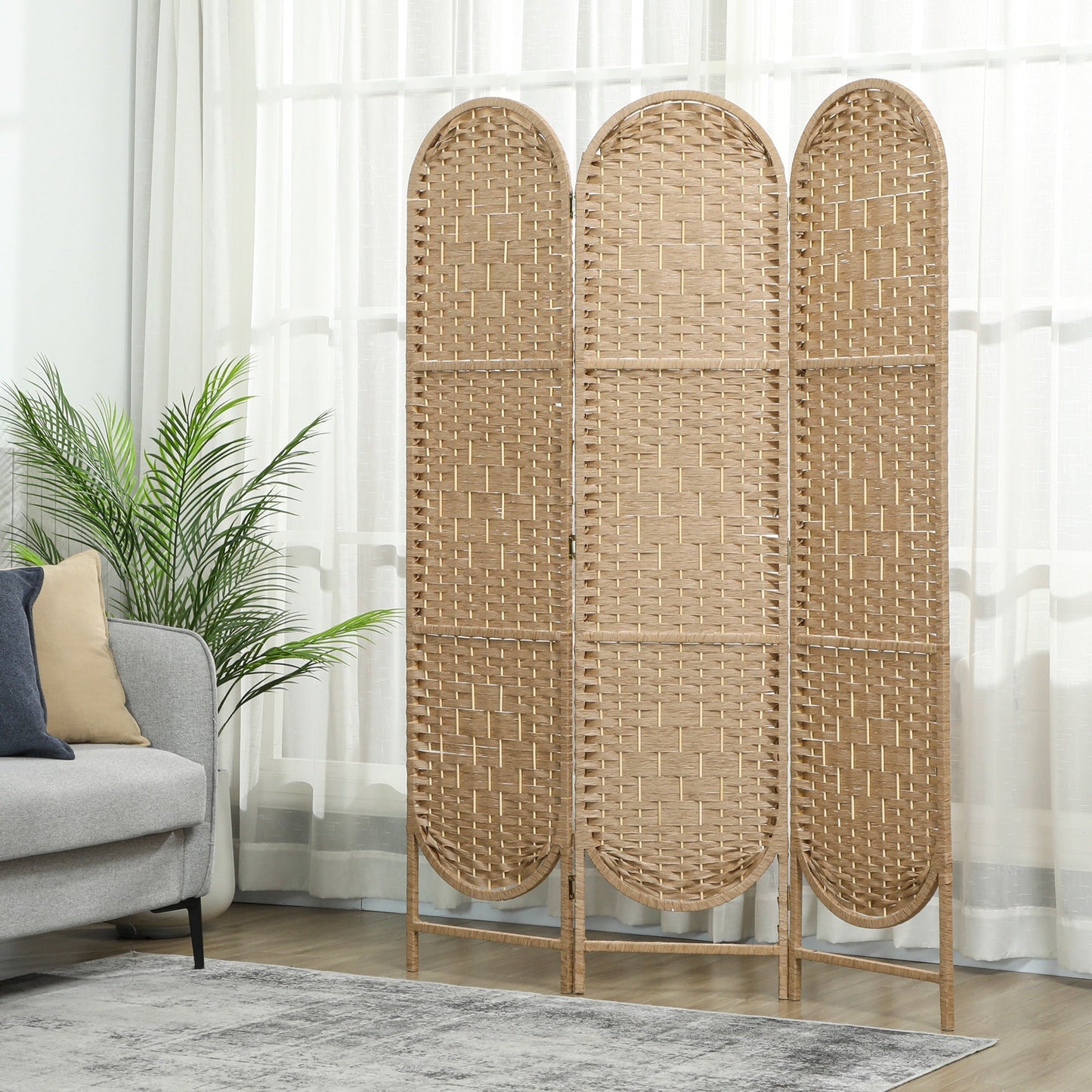 HOMCOM Indoor Oval 3-Panel Room Divider 120 x 170 cm Folding Lightweight Woven Partition, Natural Wood