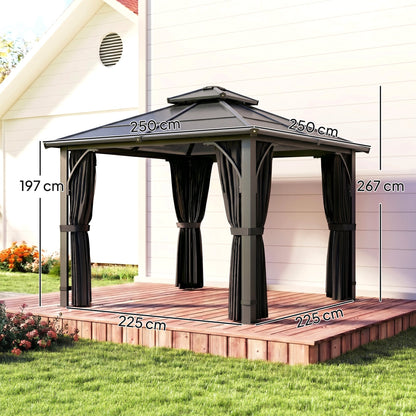 Outsunny 2.5 x 2.5 m Hardtop Gazebo Canopy with 7mm PC Roof, Garden Gazebo Permanent Pavilion with Netting, Curtains, Dark Grey