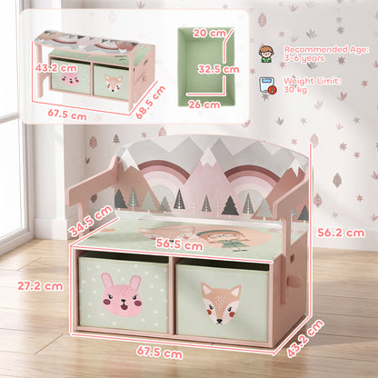 AIYAPLAY Kids Table and Chair Set, 3 in 1 Wooden Toy Box with 2 Fabric Drawers for Bedroom, Playroom, Gift for Boys Girls, Pink