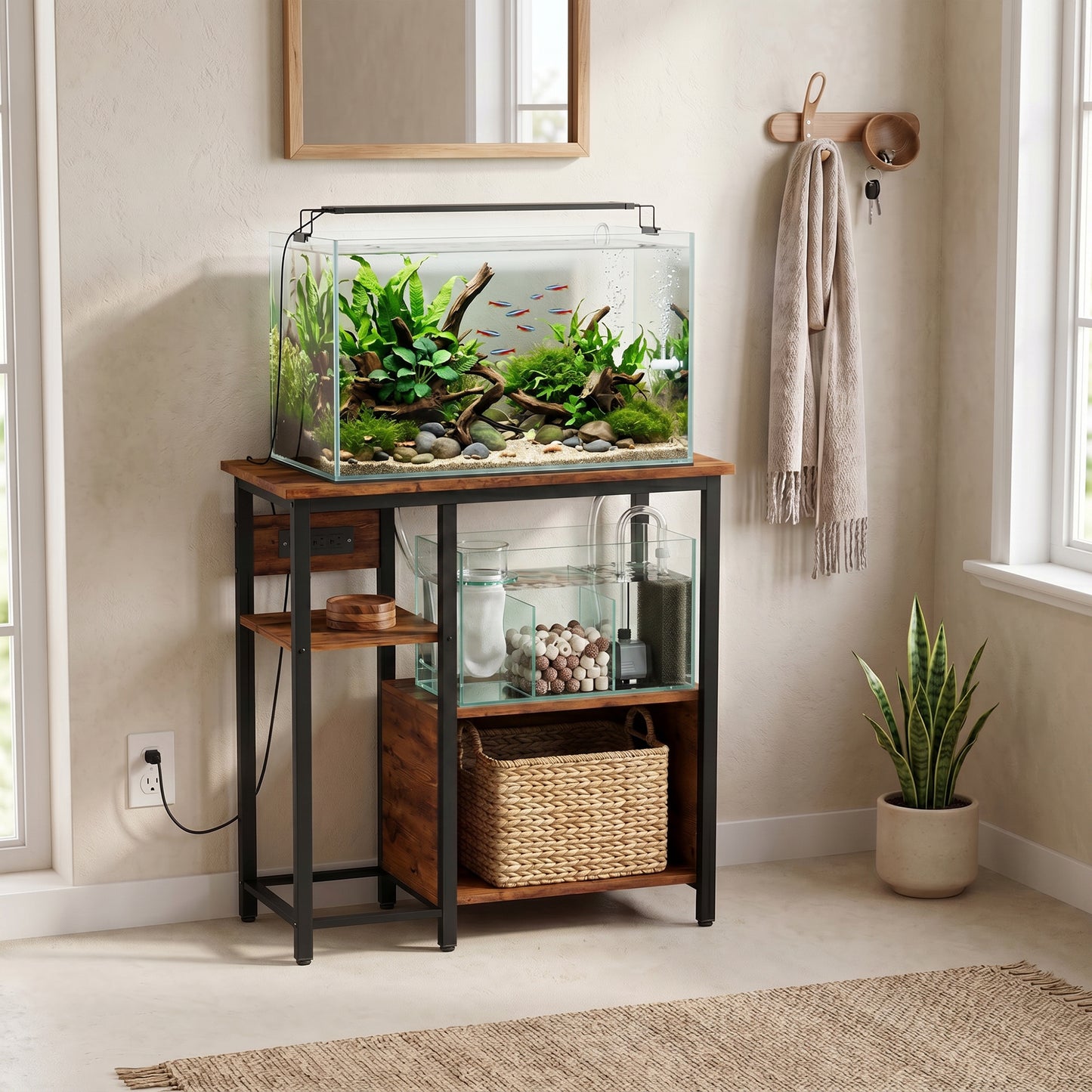 PawHut Fish Tank Stand with Power Outlets Aquarium Stand with Cabinet 20-29 Gallon Tanks Tiger Wood Grain