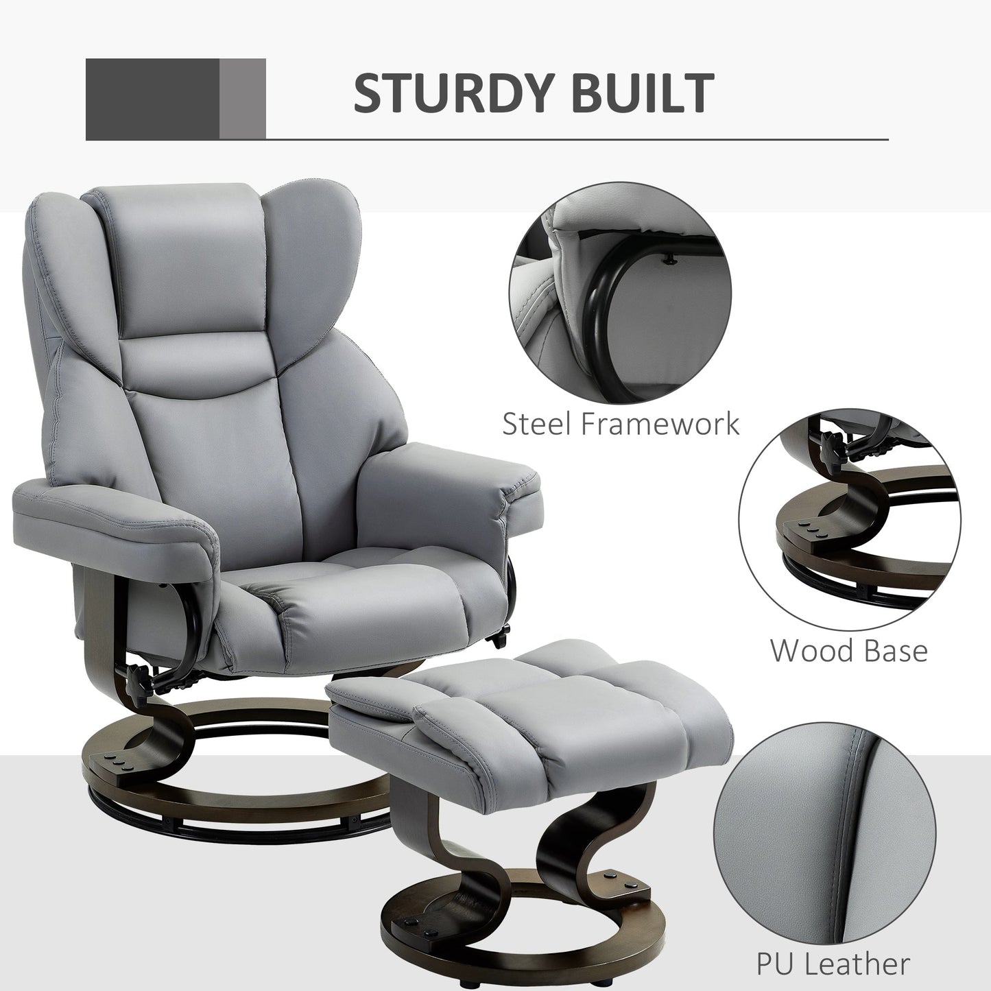 HOMCOM 360  Swivel Recliner Chair with Footstool, PU Leather Manual Recliner Armchair with Footstool, Solid Wood Base, Upholstered Reclining Chair for Living Room, Bedroom, Office, Light Grey