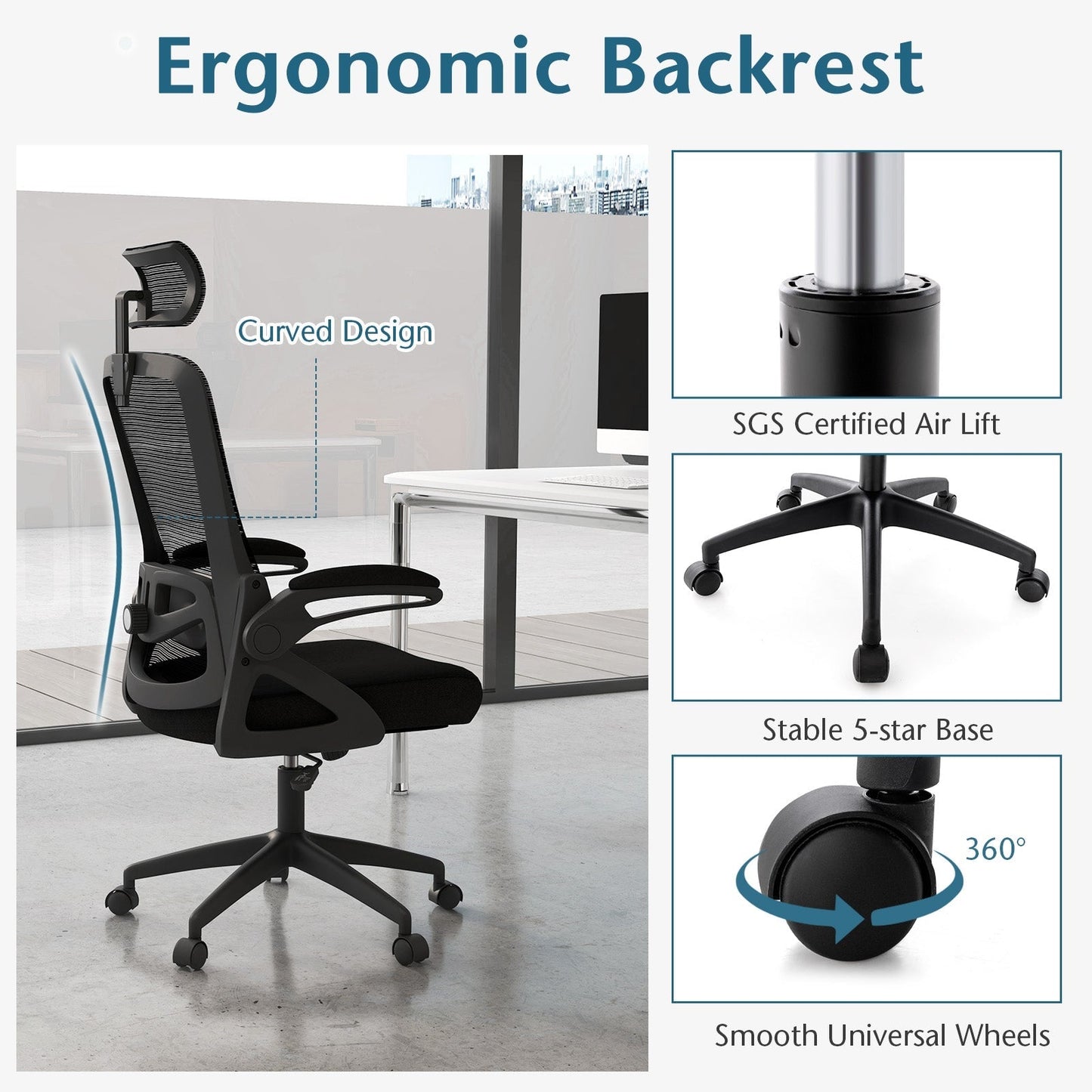 Ergonomic Office Chair with Adjustable Lumbar Support for Home Office-Black