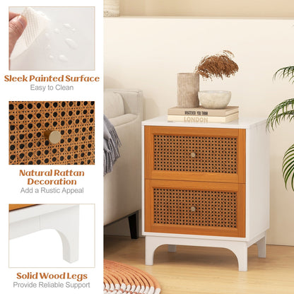 Boho Accent Table Nightstand with 2 Handwoven Rattan Decorated Drawers-White