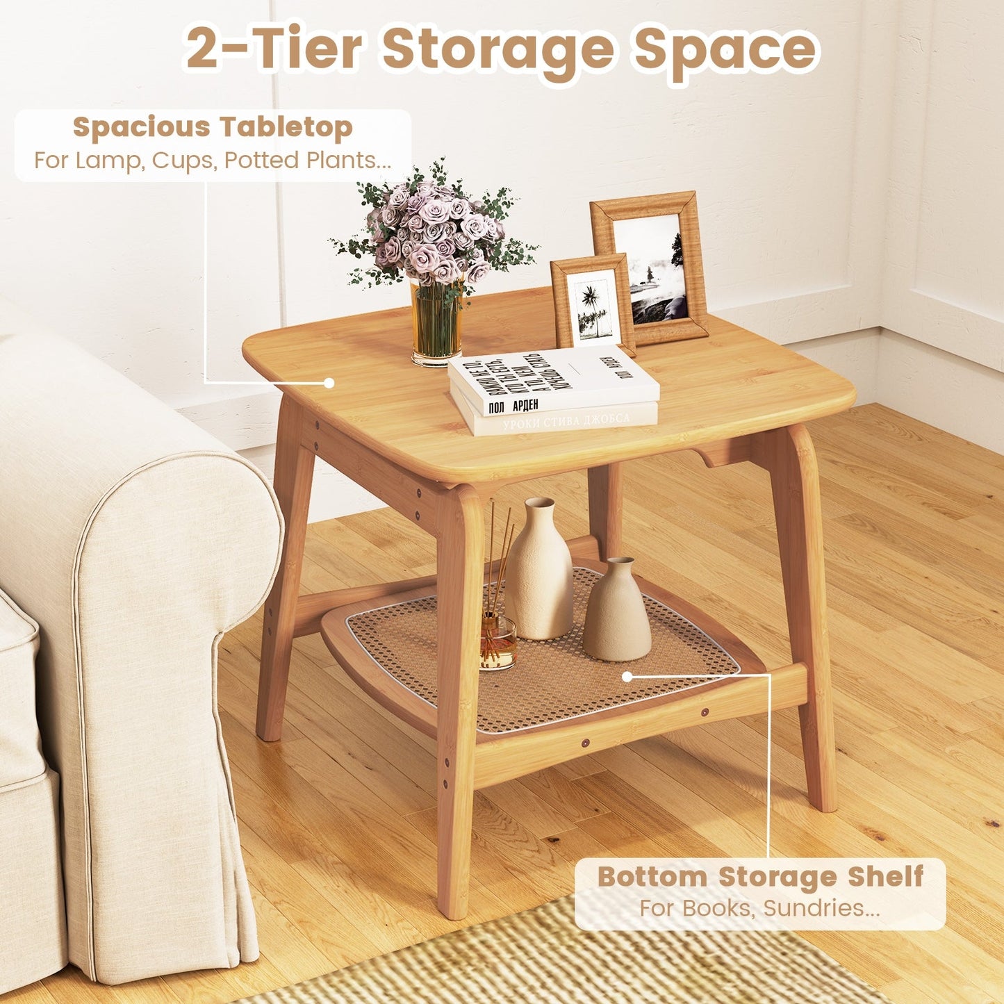 Boho Bamboo Sofa Side Table with Faux Rattan Storage Shelf-Natural