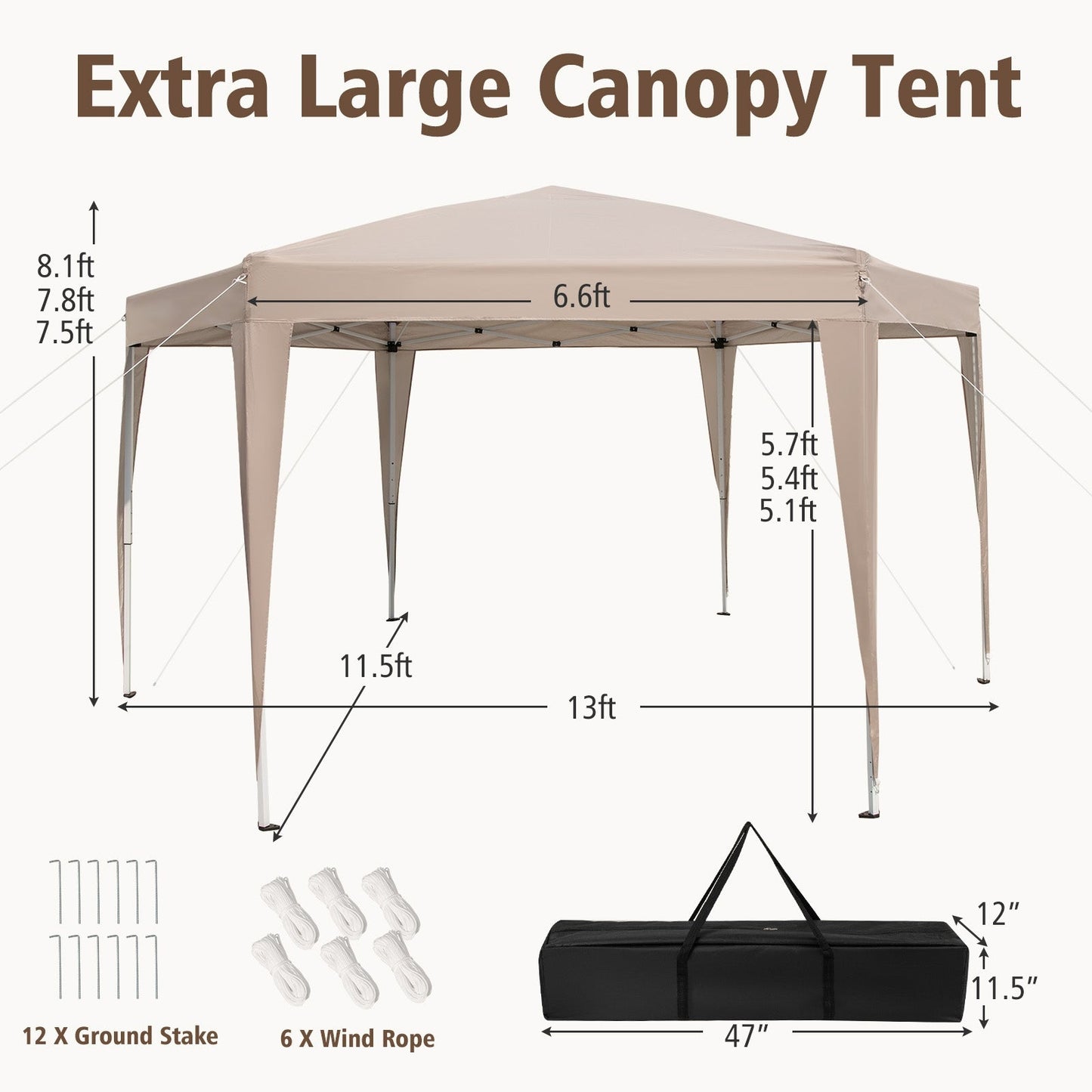 400 x 348 cm Height Adjustable Hexagonal Pop-Up Canopy Tent with Dressed Legs-Khaki