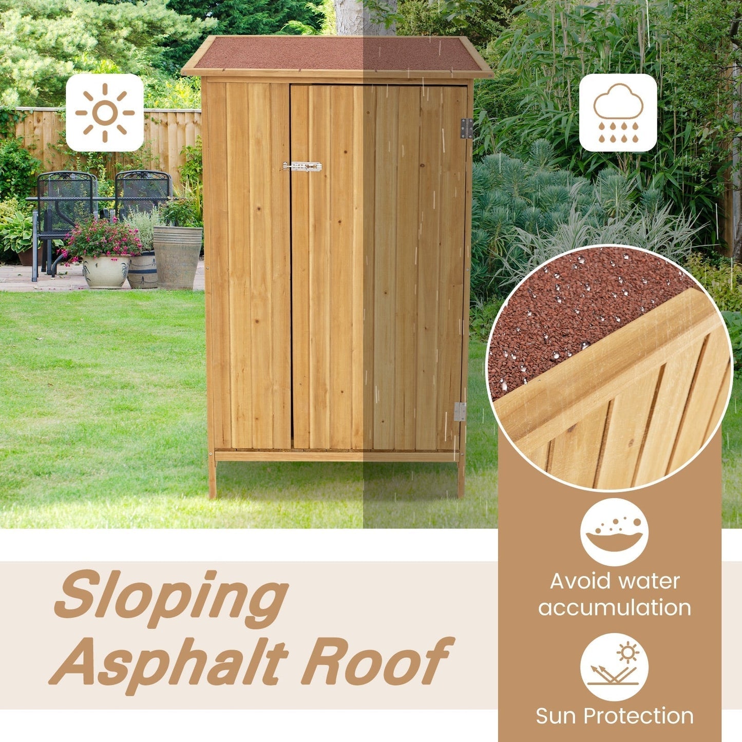 5 × 3 Feet Outdoor Storage Cabinet with Asphalt Roof and 3 Shelves-Natural