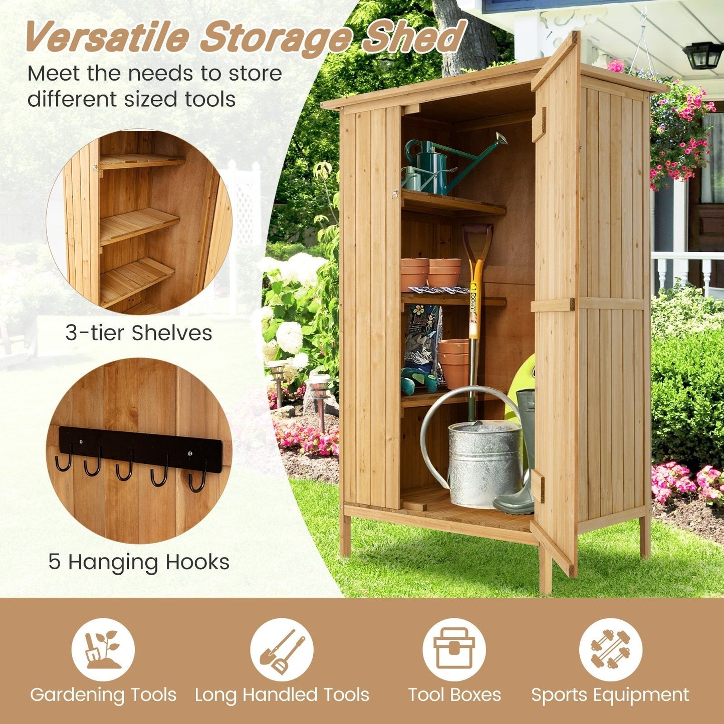 5 × 3 Feet Outdoor Storage Cabinet with Asphalt Roof and 3 Shelves-Natural