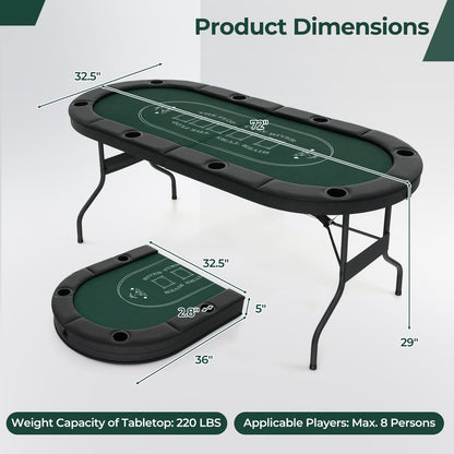 1.8m Foldable Poker Table for Blackjack Texas Hold’em Casino Leisure Game-Green