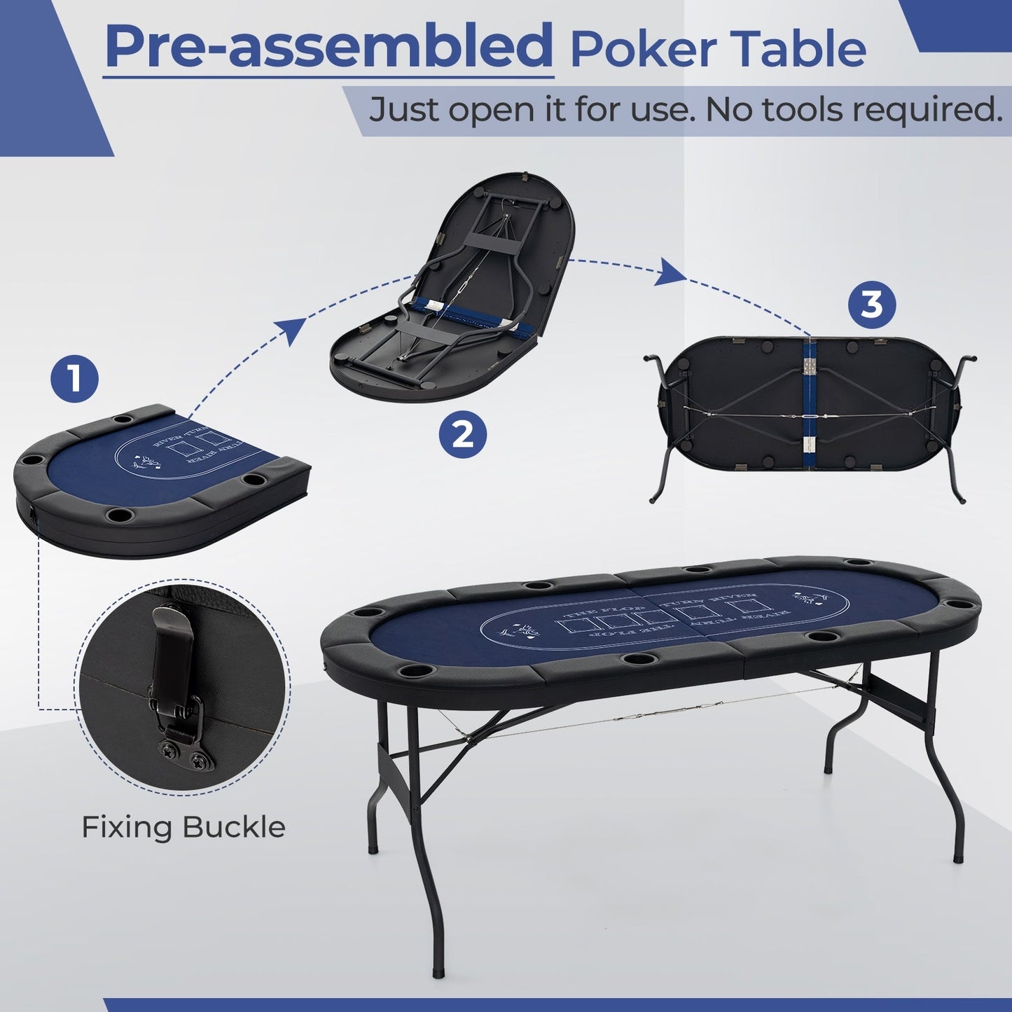 1.8m Foldable Poker Table for Blackjack Texas Hold’em Casino Leisure Game-Black