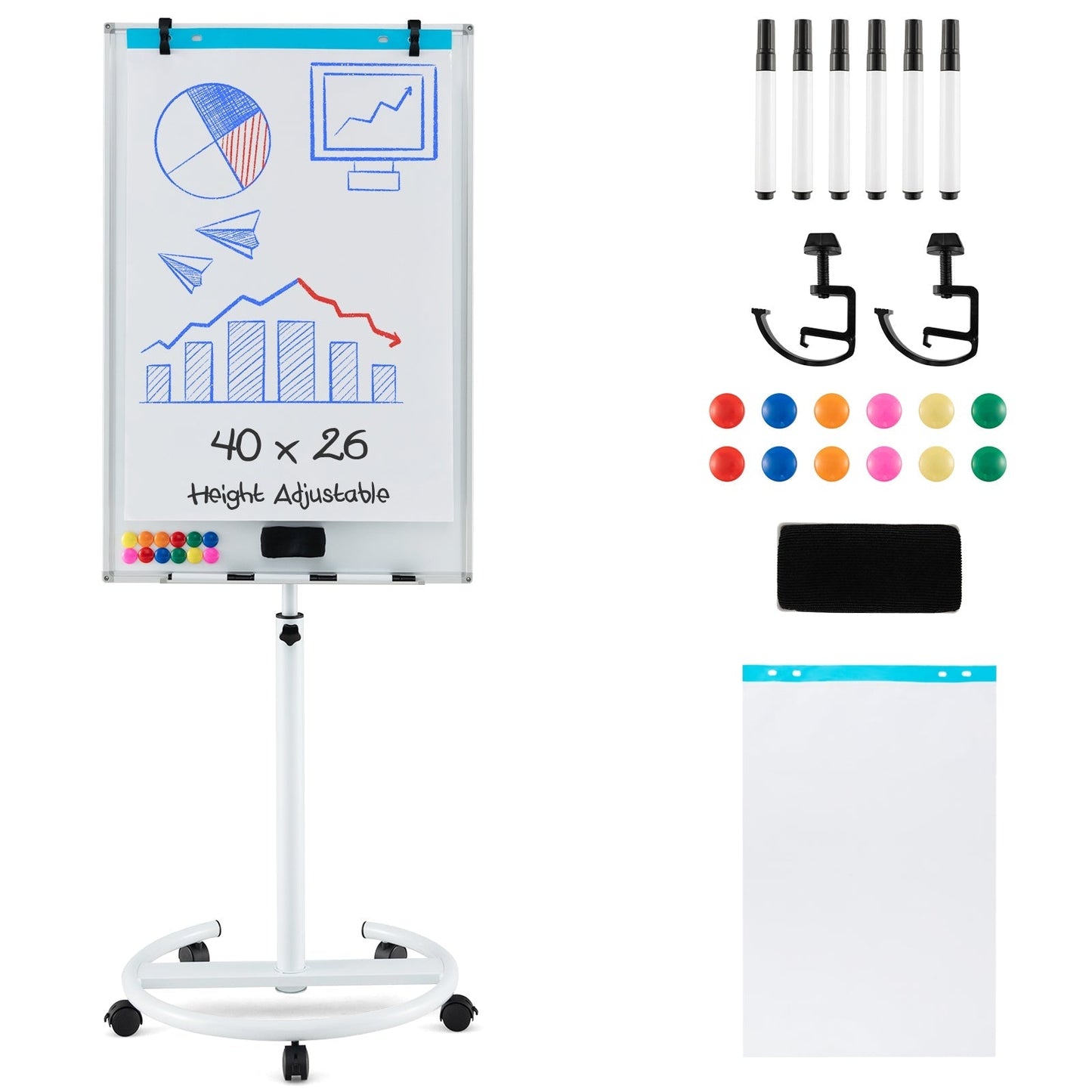 100 cm x 65 cm Height-Adjustable Magnetic Whiteboard on Wheels-White