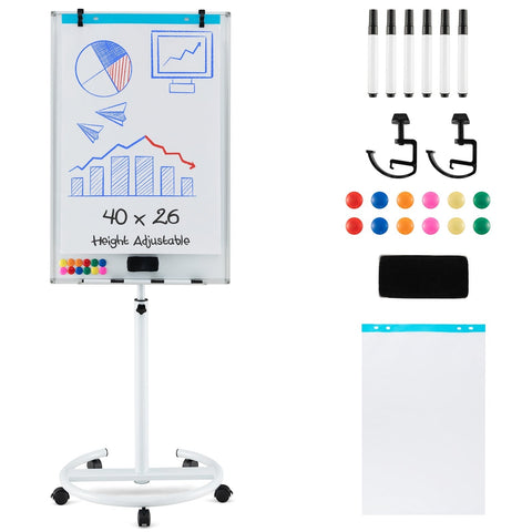 100 cm x 65 cm Height-Adjustable Magnetic Whiteboard on Wheels-White