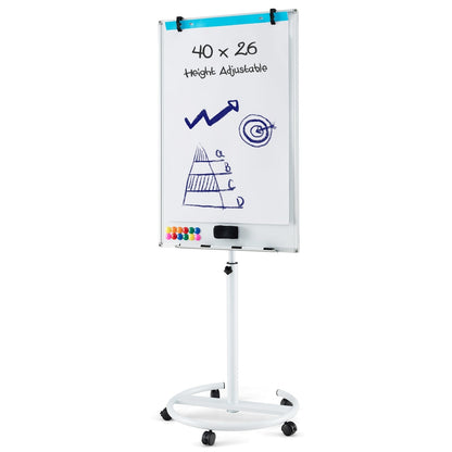 100 cm x 65 cm Height-Adjustable Magnetic Whiteboard on Wheels-White