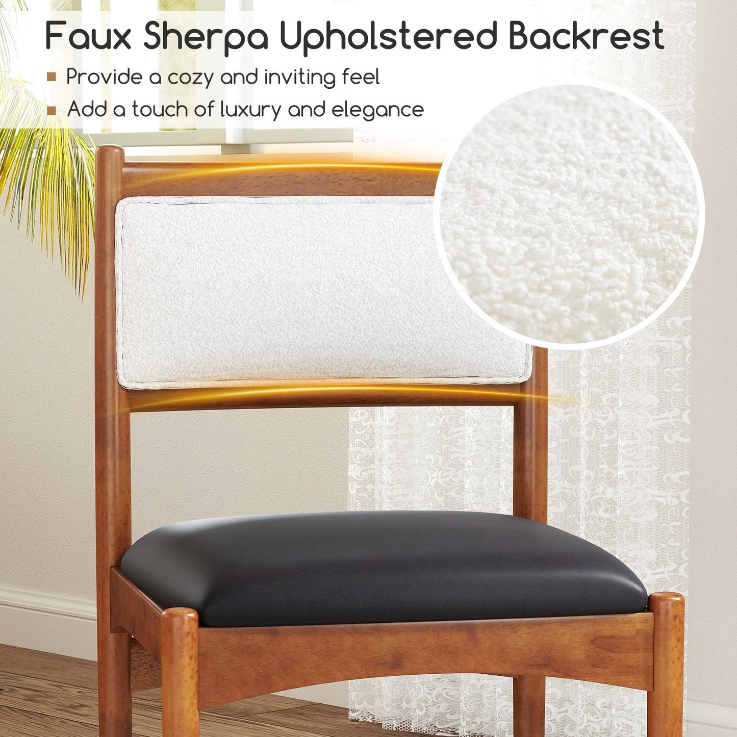 Wooden Dining Chair Set of 2 with Rubber Wood Frame and Faux Sherpa Backrest-Walnut