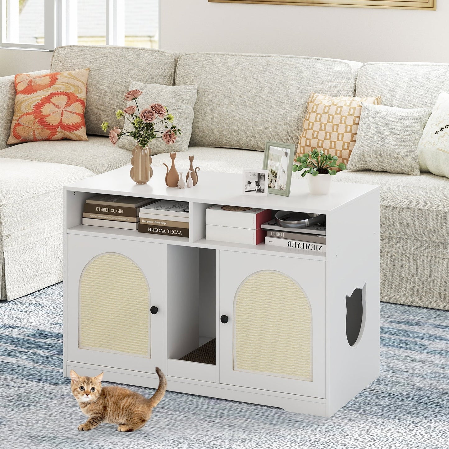 Cat Litter Box Enclosure with Storage and Double Rooms for 2 Cats-White