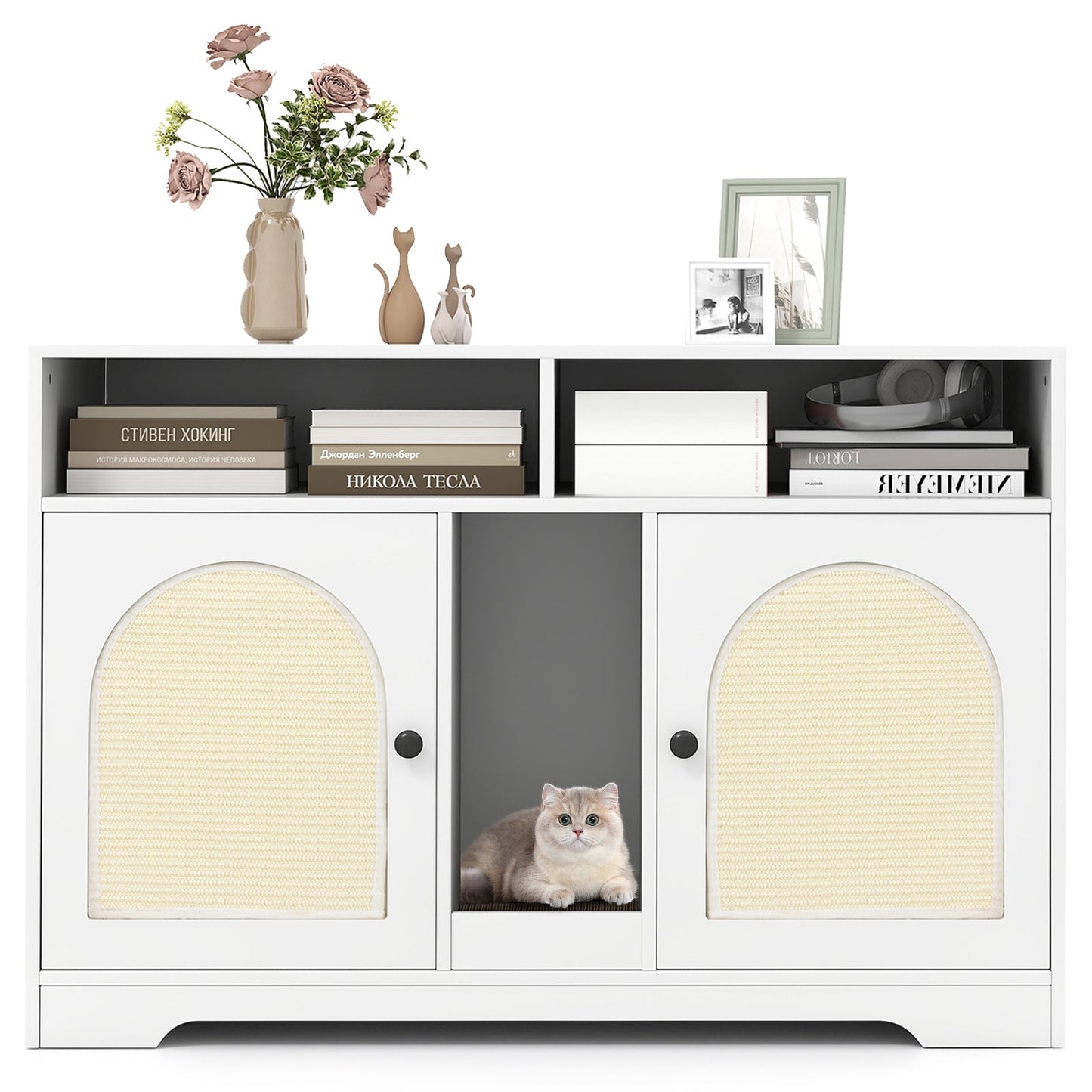 Cat Litter Box Enclosure with Storage and Double Rooms for 2 Cats-White