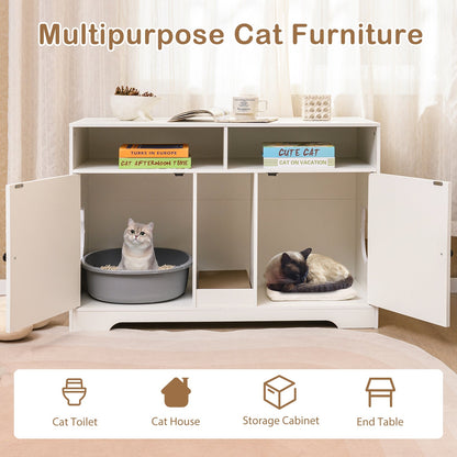 Cat Litter Box Enclosure with Storage and Double Rooms for 2 Cats-White