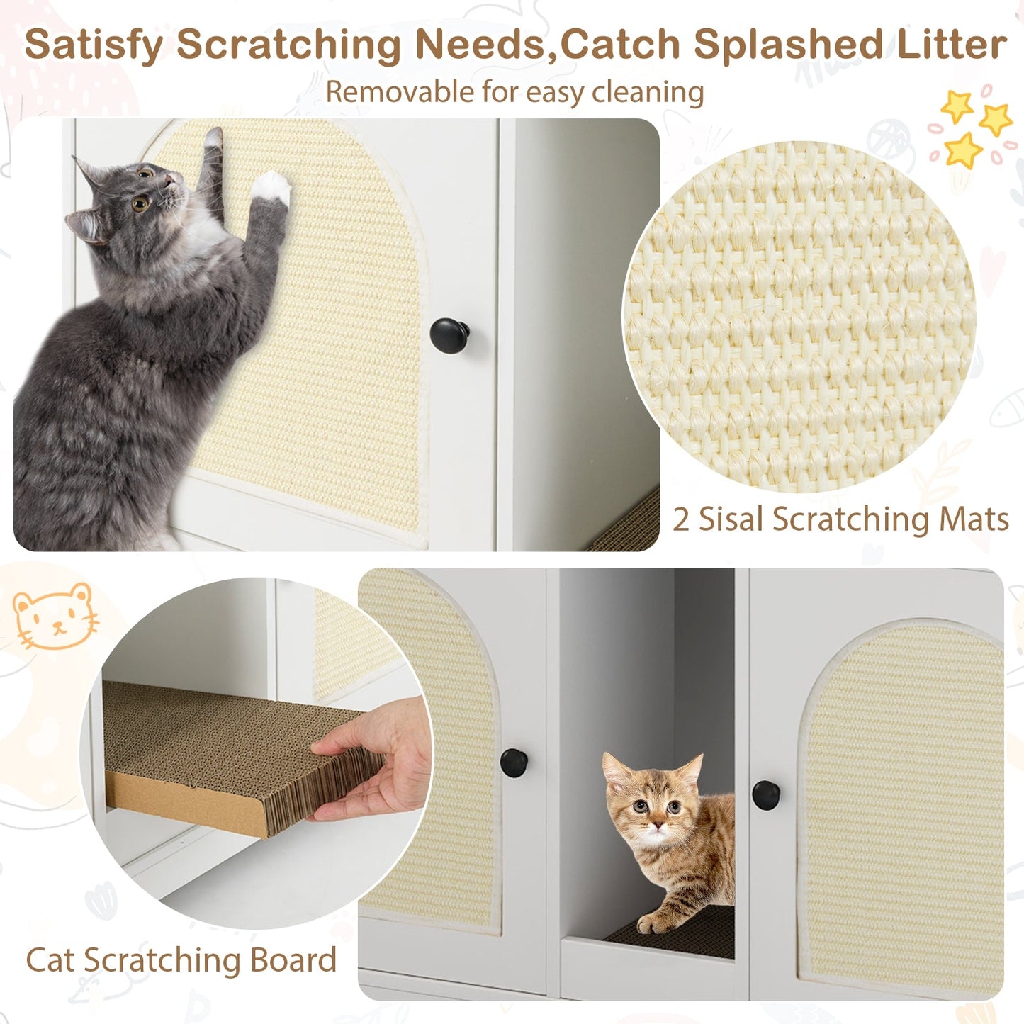 Cat Litter Box Enclosure with Storage and Double Rooms for 2 Cats-White