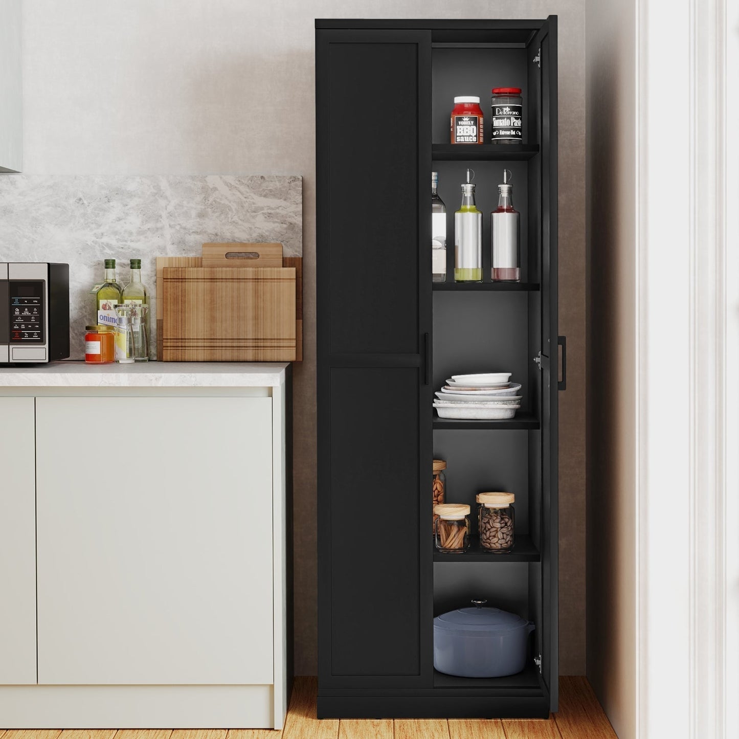 Wooden Storage Cabinet with 2 Doors and Adjustable Shelves-Black