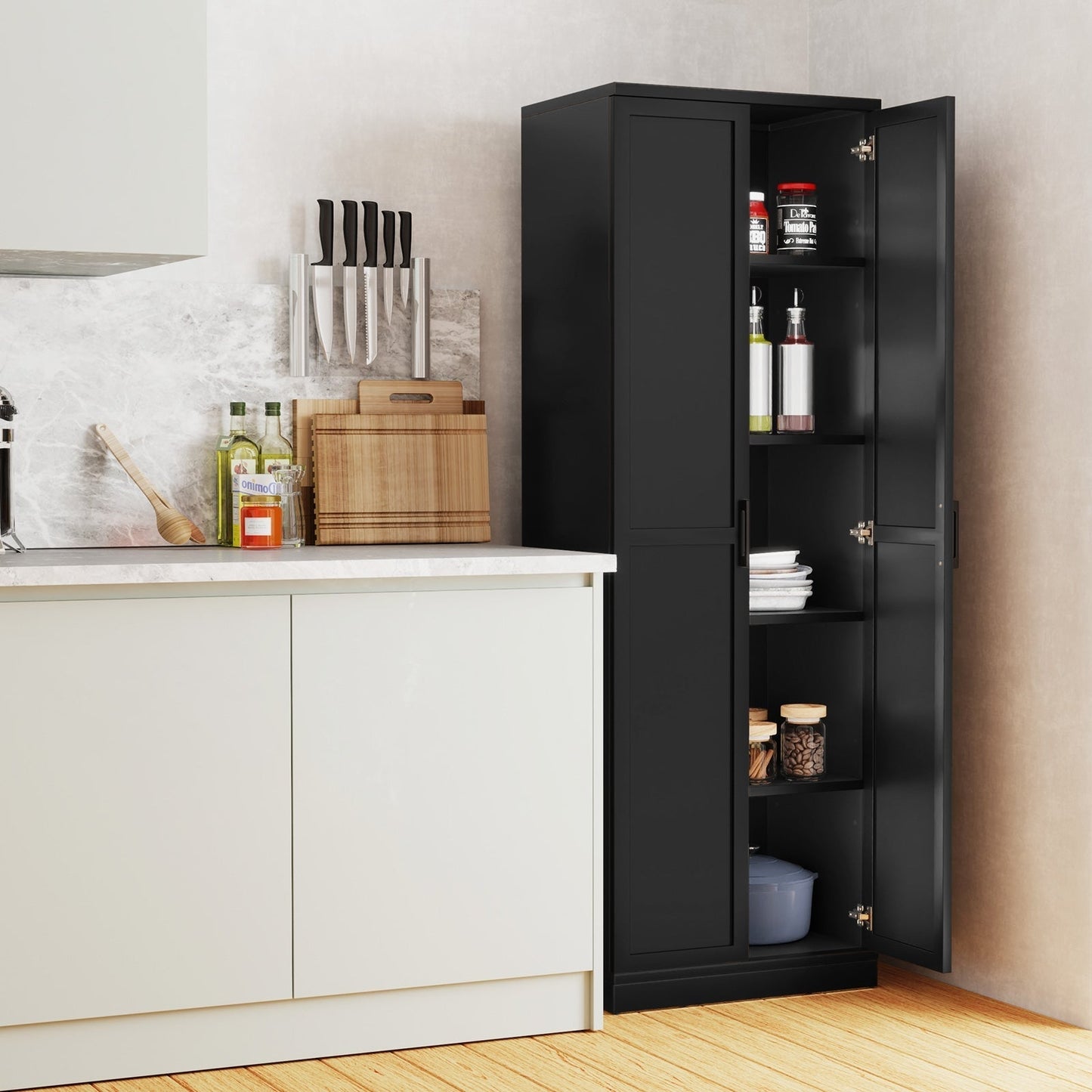 Wooden Storage Cabinet with 2 Doors and Adjustable Shelves-Black