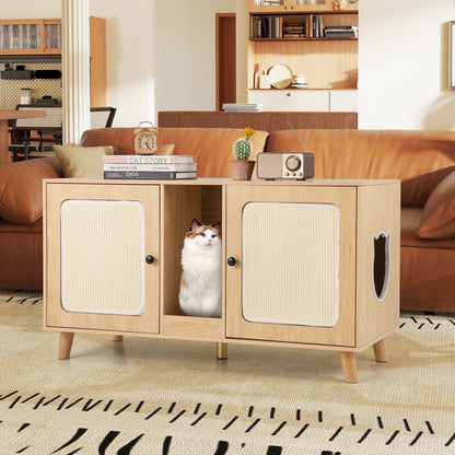Cat Litter Box Enclosure for 2 Cats with Double Rooms and 2 Sisal Scratching Mats-Natural